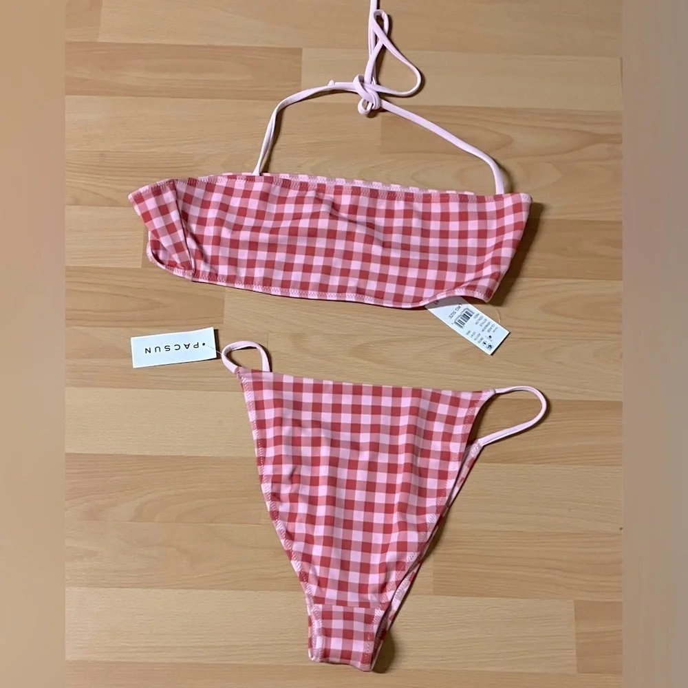 PacSun Red/Pink Checkered String Bikini Size L - Picture 2 of 5
